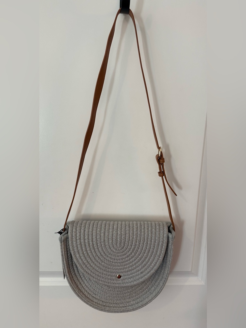 Gray Crossbody Bag with Brown Strap